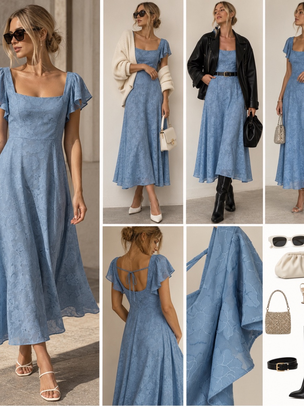 Azazie Dusty Blue Floral Jacquard Flutter Sleeve Maxi Dress A10